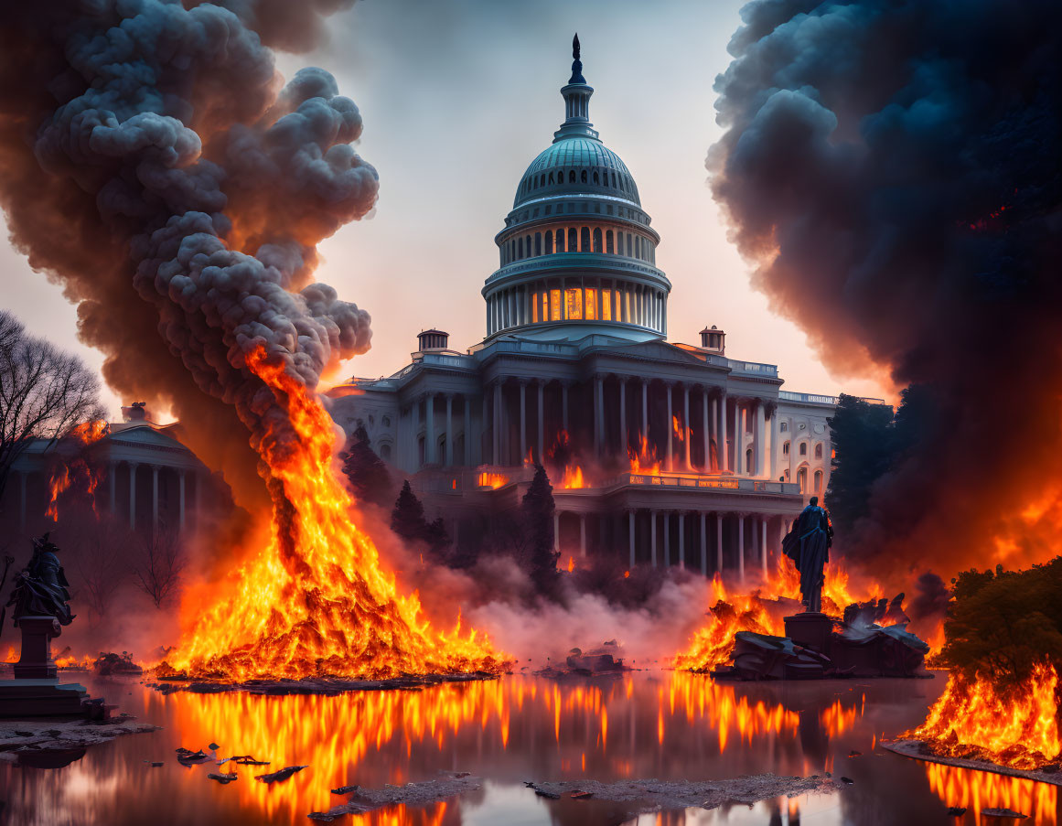 Capitol Building engulfed in flames against dramatic sunset
