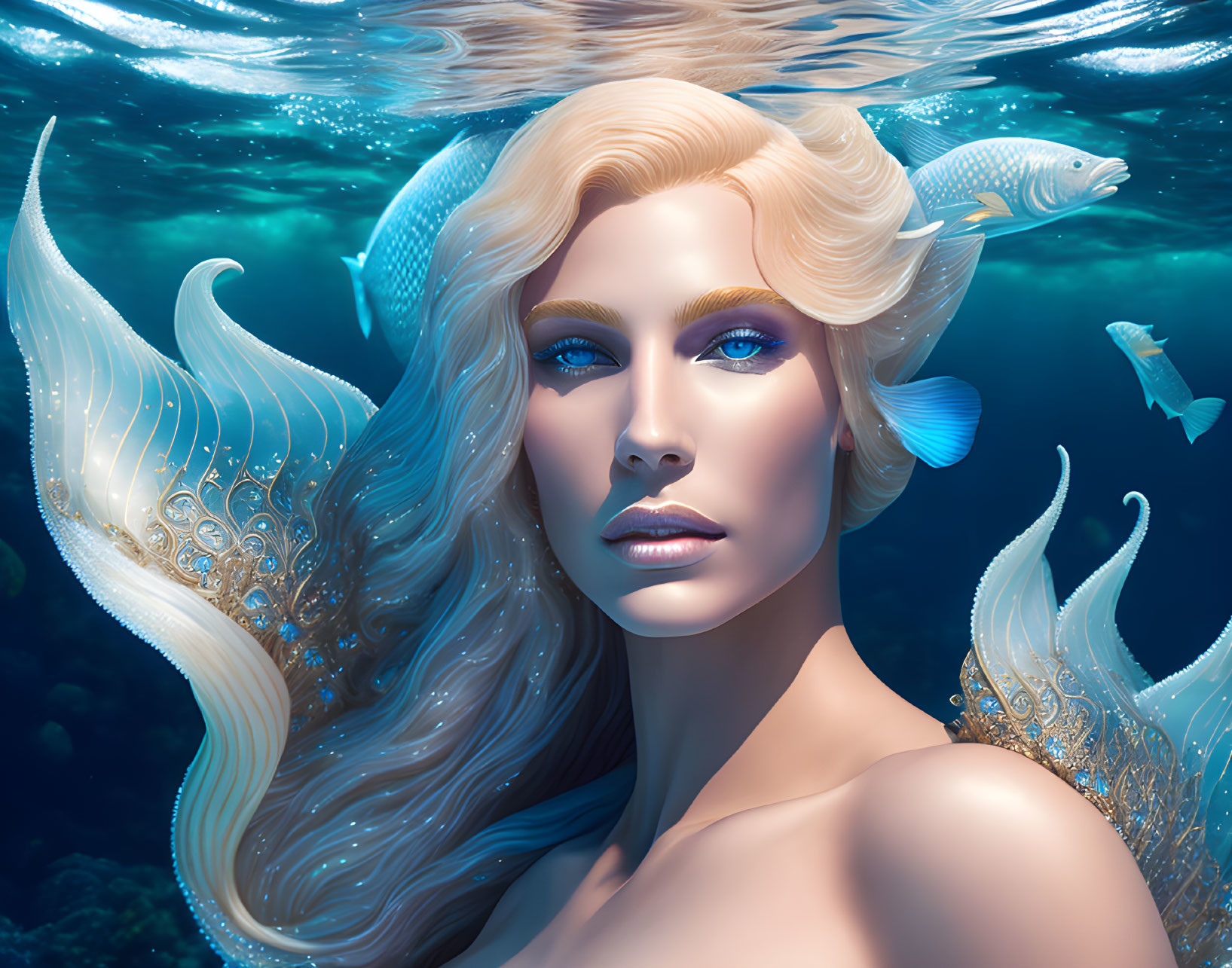 Blonde Mermaid with Blue Eyes Surrounded by Fish
