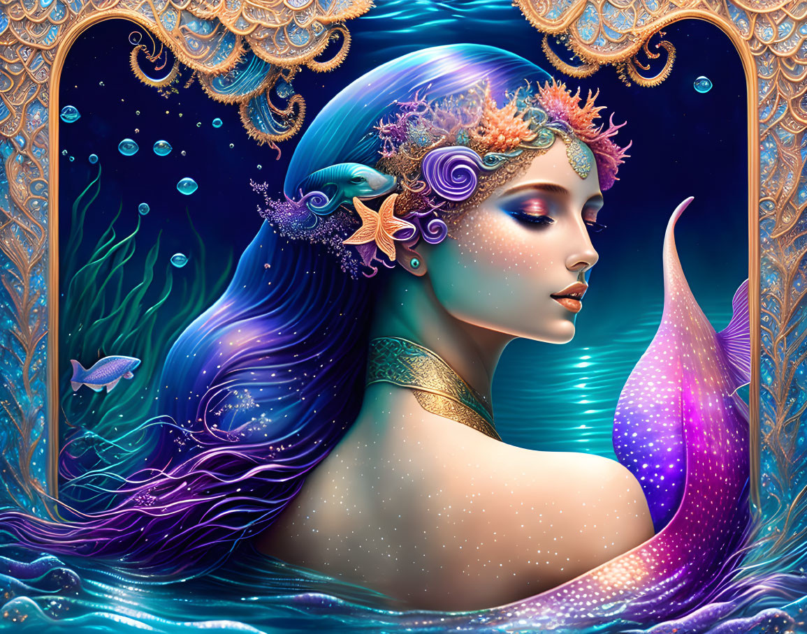 Colorful Mermaid Illustration with Starfish and Marine Life on Blue Background