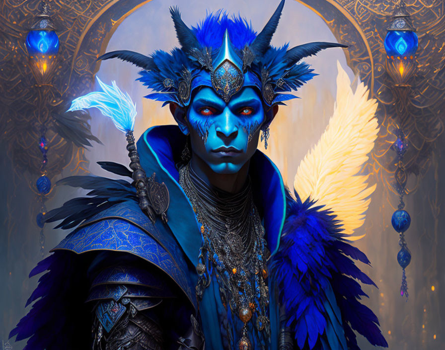 Blue-skinned character with angelic wings in ornate armor on golden background
