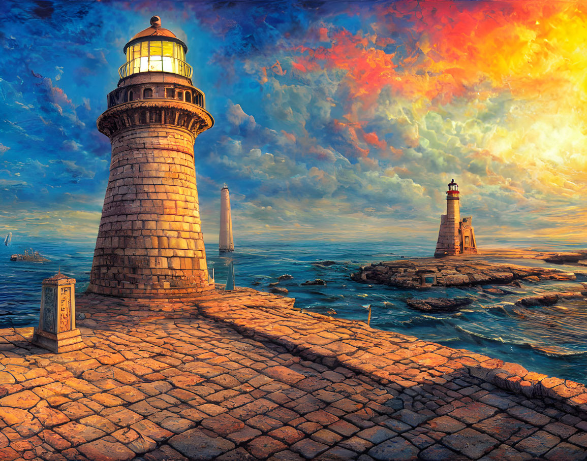 Rugged coastline with two lighthouses, vibrant sunset sky, boats, and brick pavement