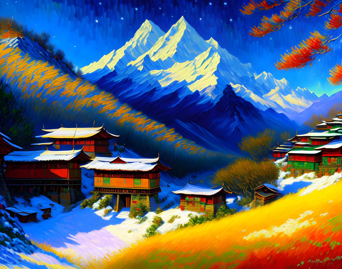Scenic painting of mountain village with red-roofed houses, snowy peaks, autumn trees