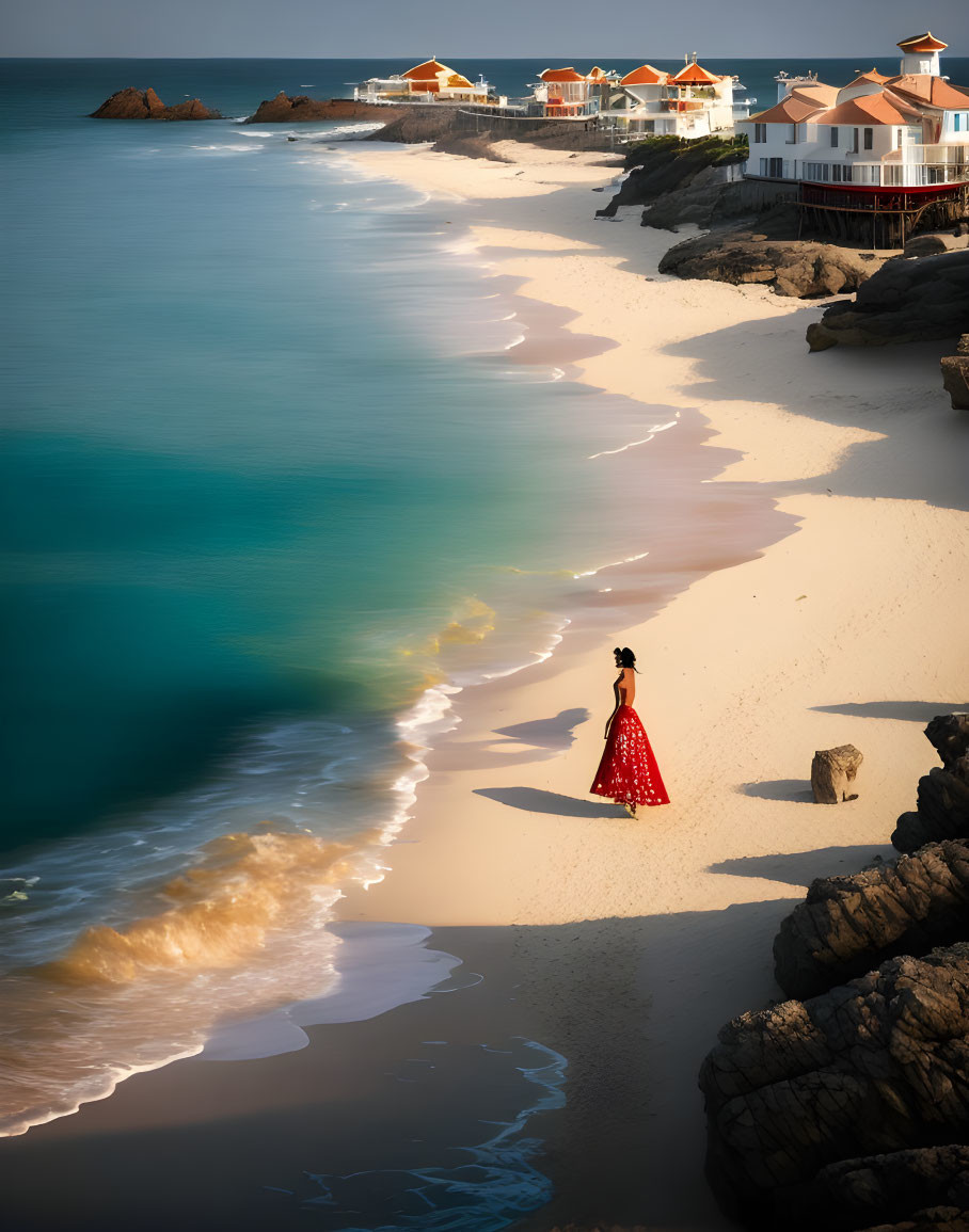 Person in red dress on serene beach with coastal houses in background