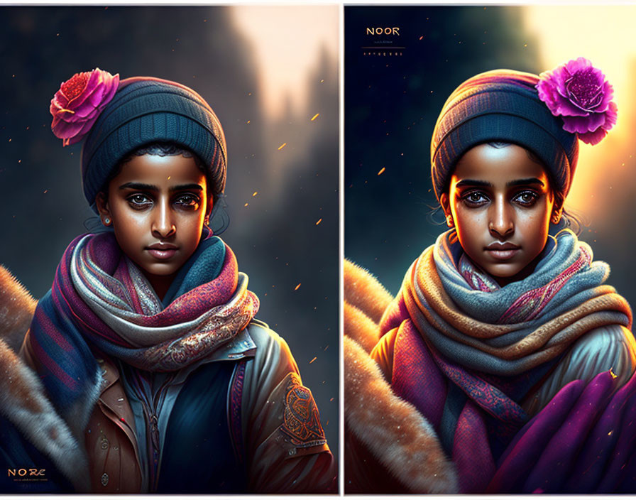 Split image of person in beanie, scarf, and jacket with warm and cool color contrasts