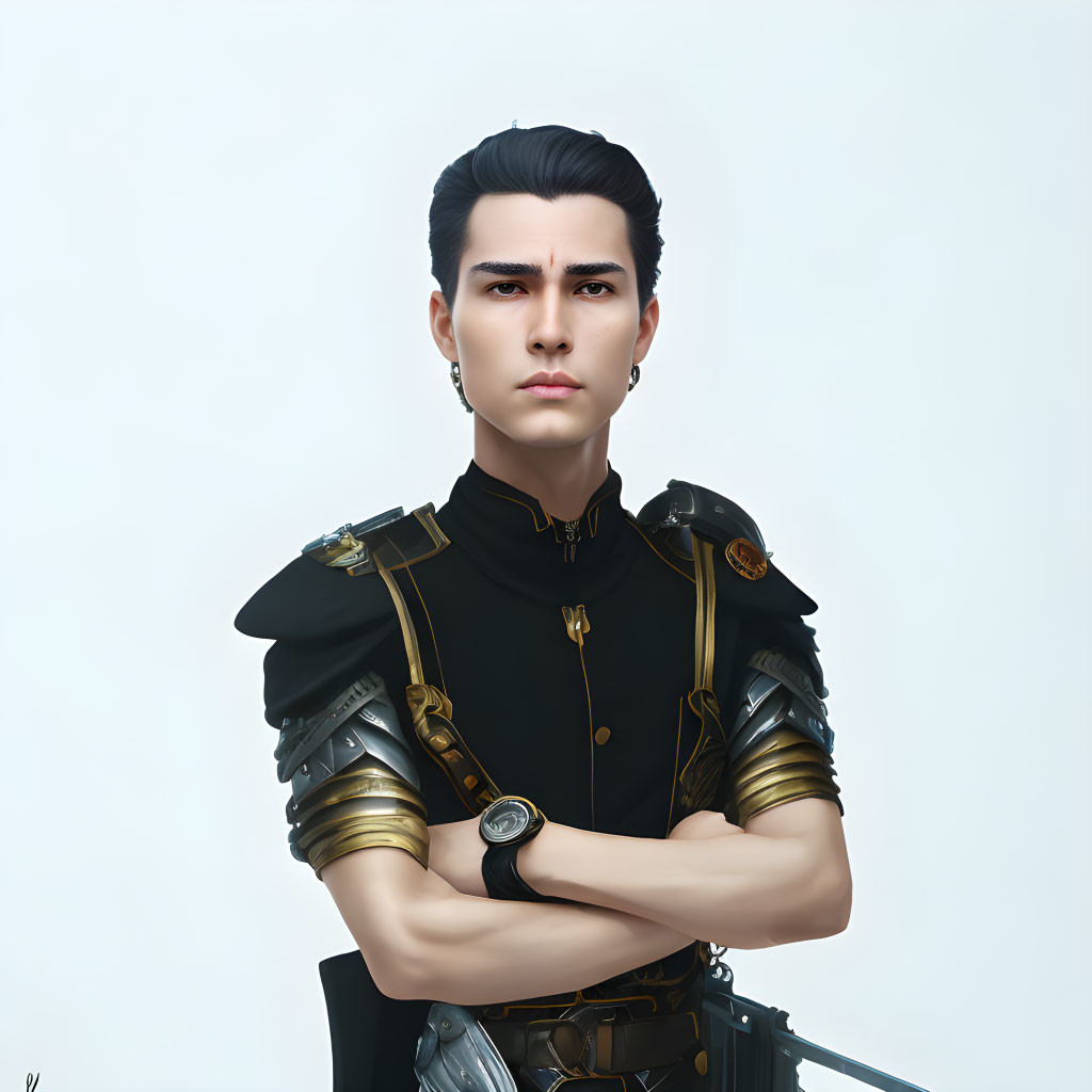 Serious man in black and gold armor with slicked-back hair and watch