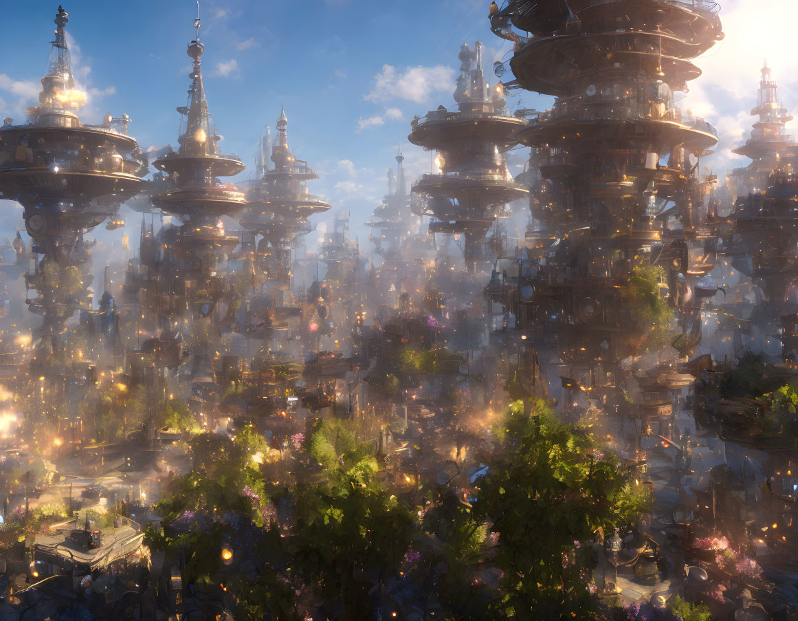 Enchanted Cityscape with Towering Spires and Floating Platforms