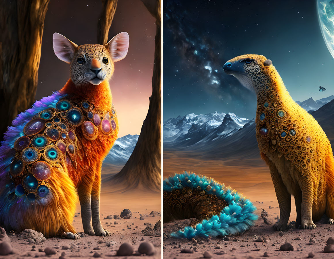 Composite of cat with peacock feathers in desert & penguin with similar plumage in starry sky