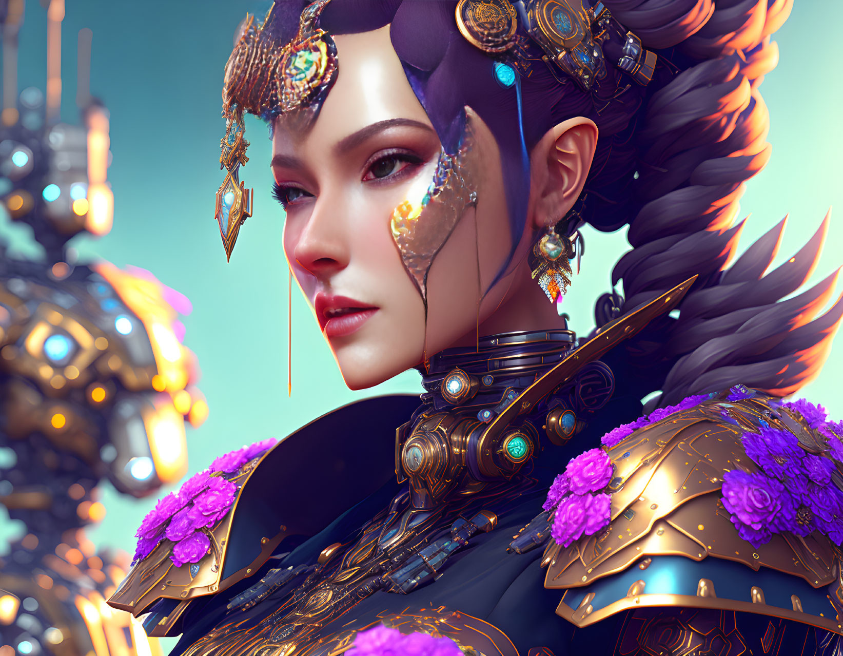 Digital art portrait: Woman in golden armor with plum flowers