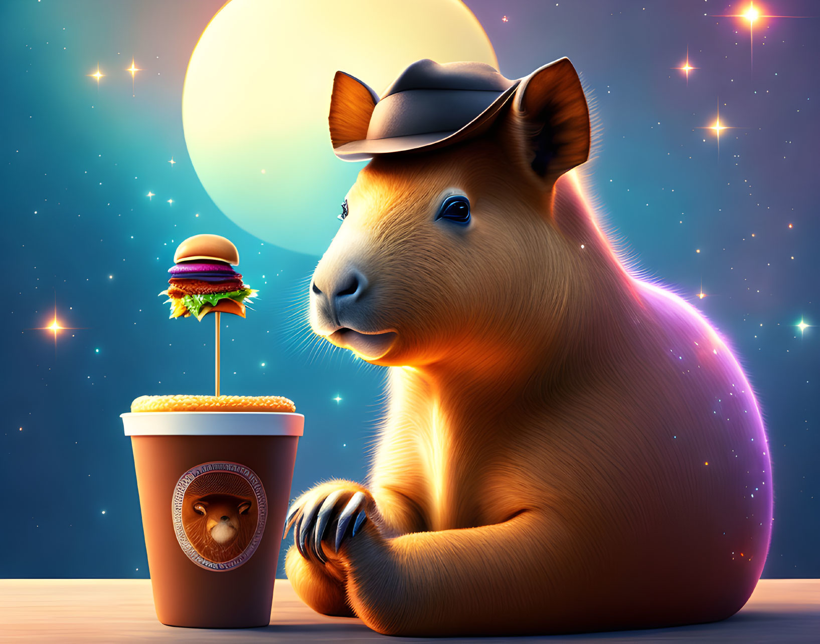 Sitting Capybara eating a burger