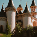 Castle with white walls, black turrets, and golden spires in lush green setting
