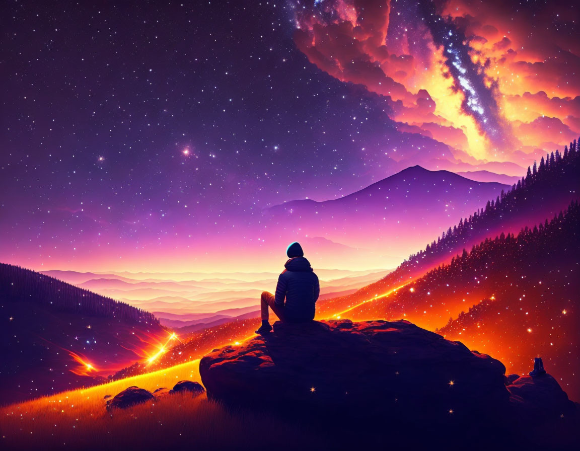Person admiring vibrant sunset on rock ledge with starry sky and glowing mountaintops