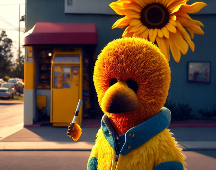 Colorful Plush Creature with Paintbrush, Sunflower, and ATM in Background
