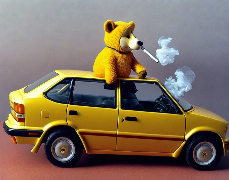 Teddy bear on yellow toy car with cigarette, smoke humorously depicted