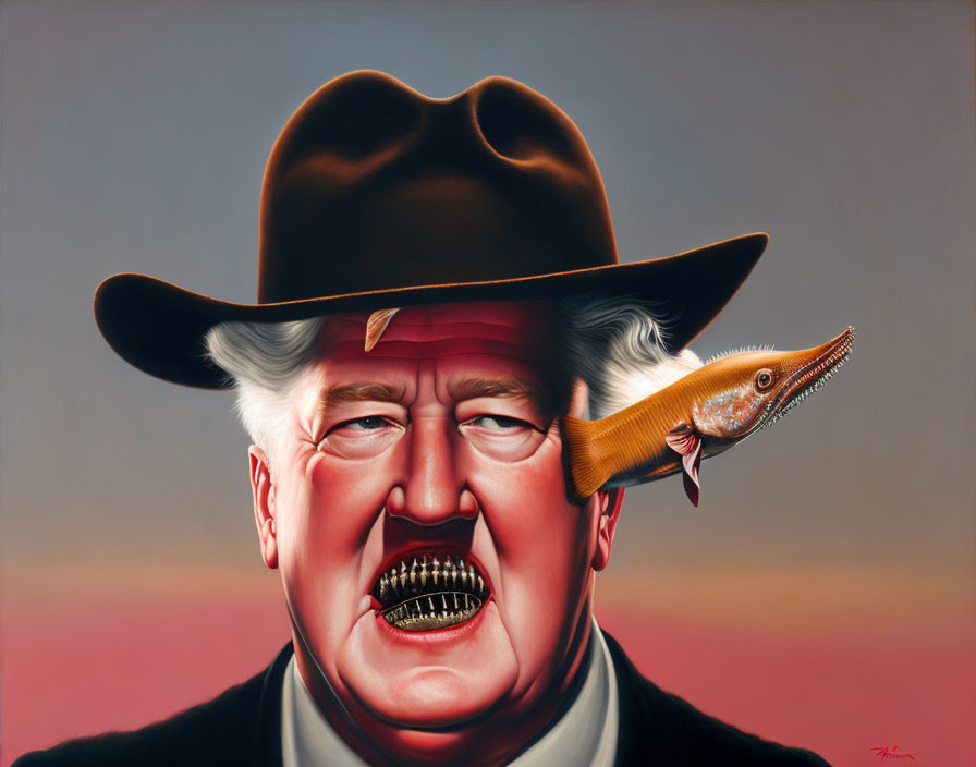 Hyperrealistic Painting: Man with Cowboy Hat, Mustache, and Fish in Mouth on Gradient Background