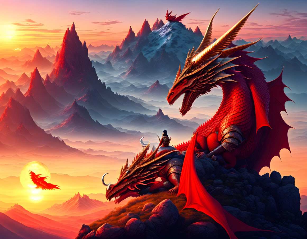 Red dragon perched on rocky terrain with snowy mountains and fiery sunset.