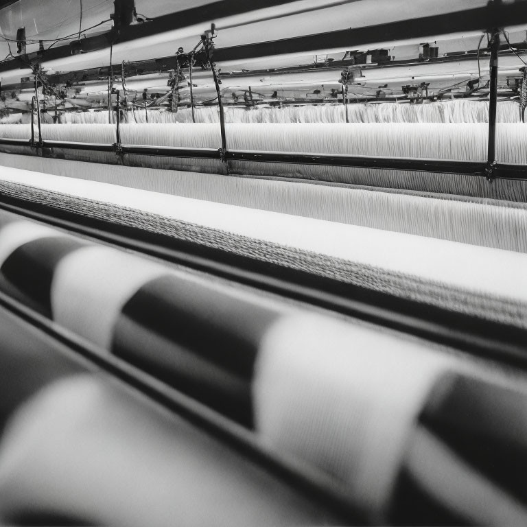 Monochrome image of yarn processing on industrial looms