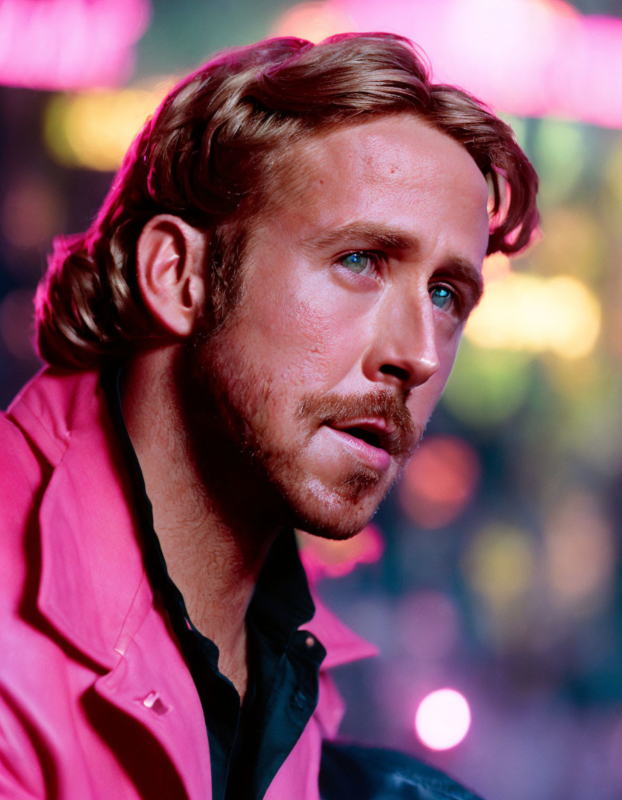 Blond Man in Pink Jacket with Beard and Neon Background
