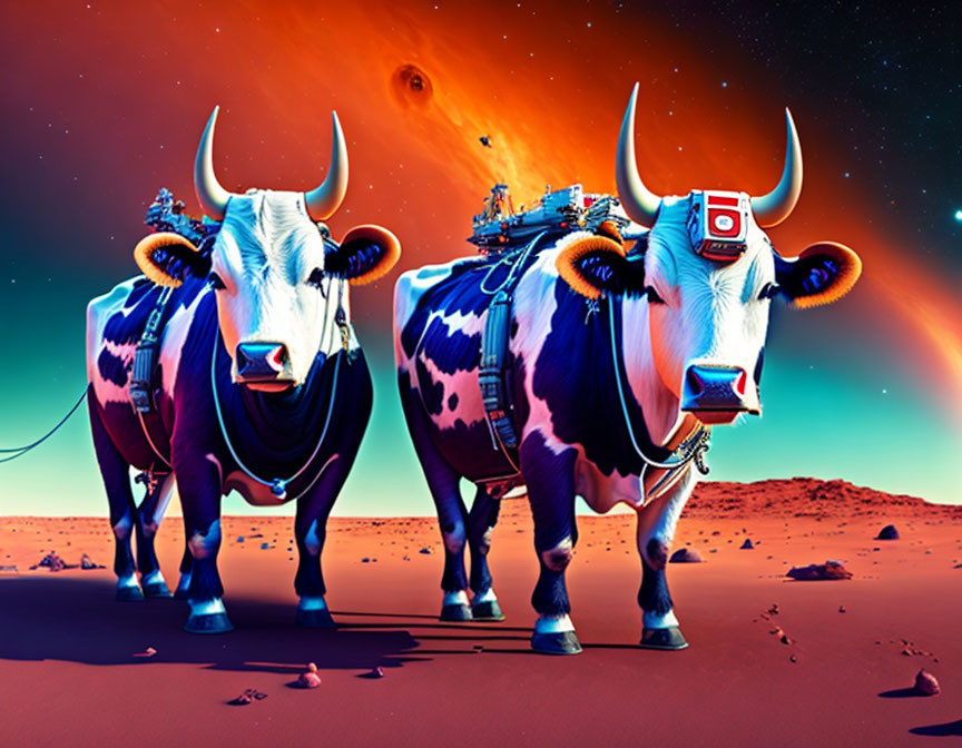 Futuristic cows with mechanical enhancements on Martian landscape