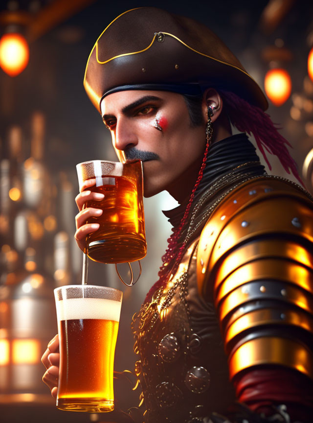 Person in ornate armor and tricorn hat drinking beer in cozy bar setting
