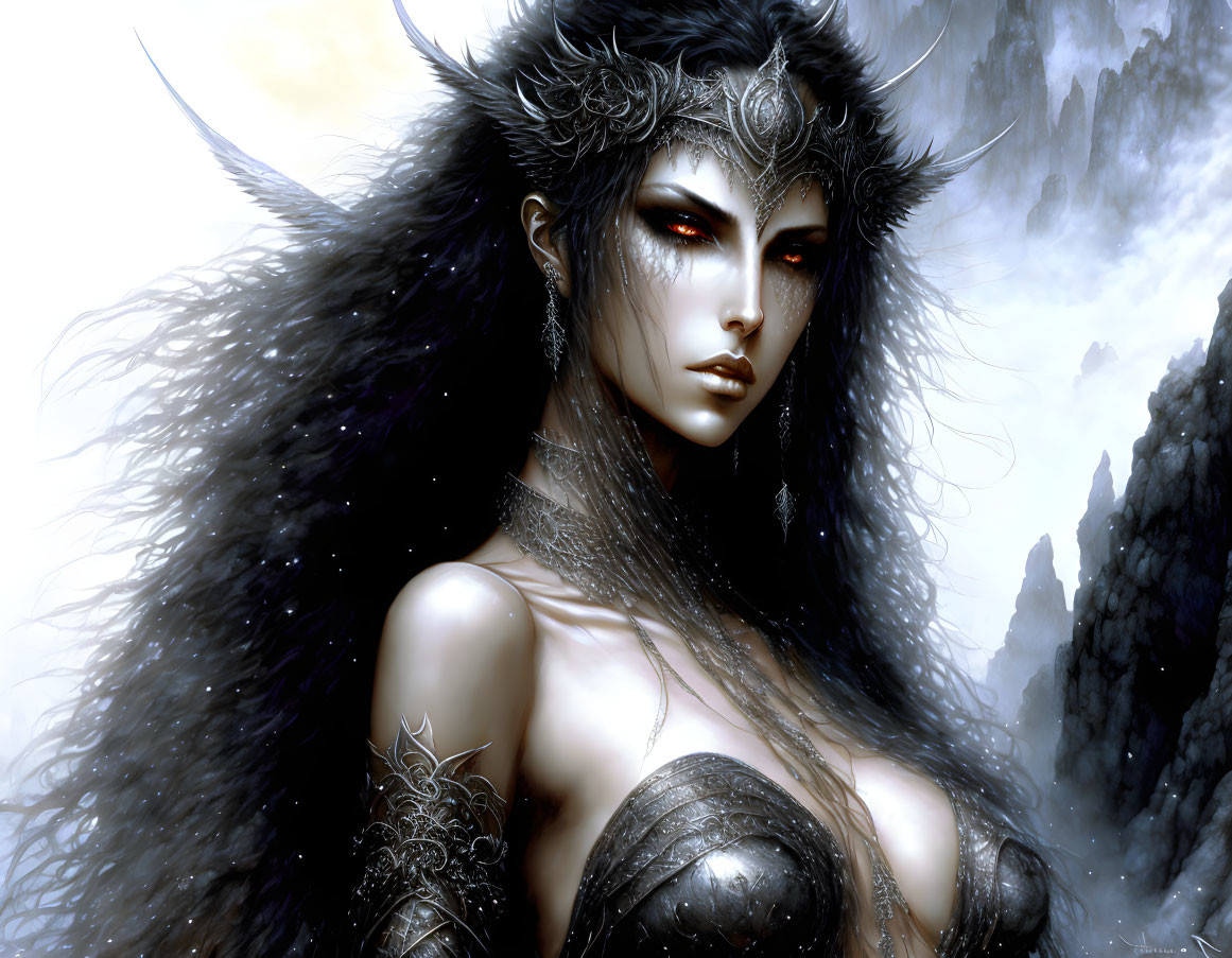 Fantasy Art: Pale-skinned female in dark ornate armor against misty mountain.