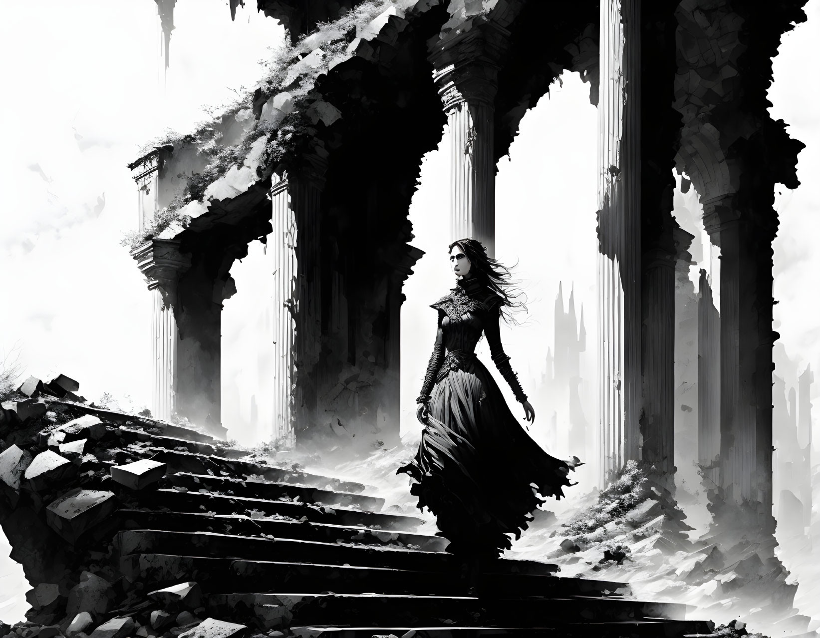 Ink drawing woman in ruins
