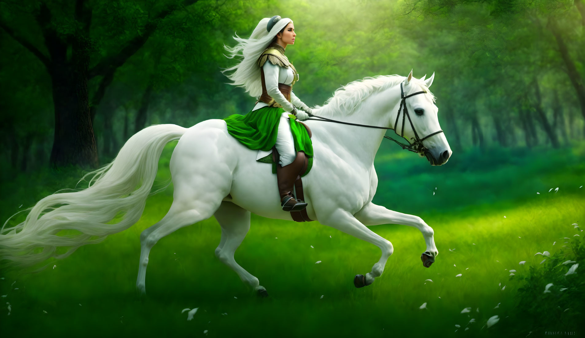 Woman on horseback running through the forest