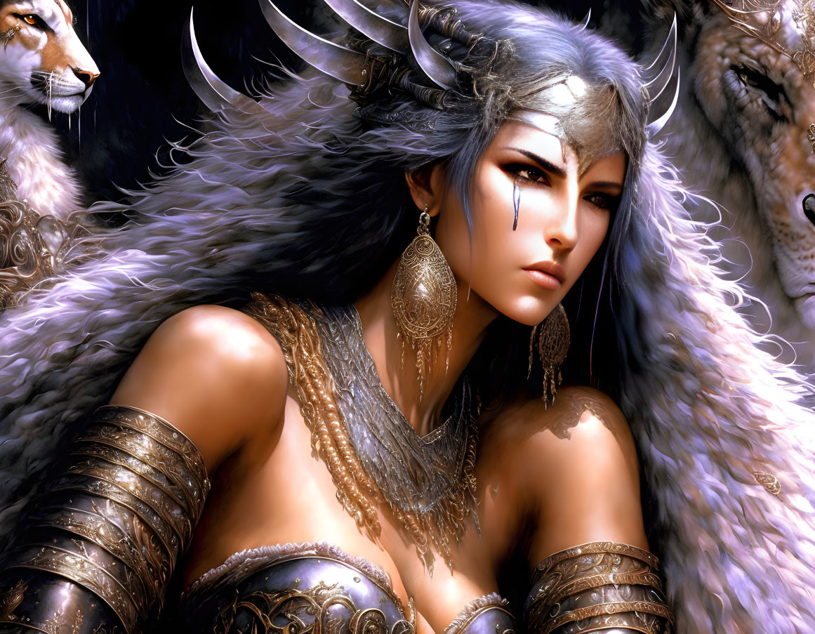 Fantasy artwork of woman with bold makeup, horned helmet, and mystical white wolves