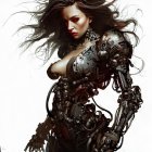Digital artwork: Woman with dark hair in metallic armor and mechanical elements.
