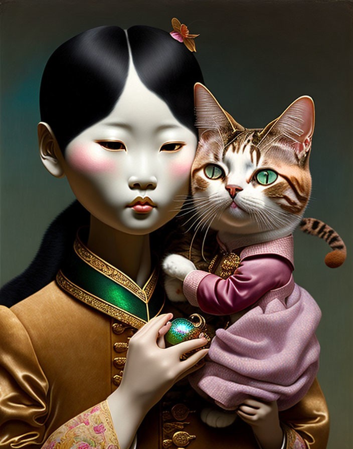 Surreal artwork of Asian woman with porcelain skin holding cat in traditional attire