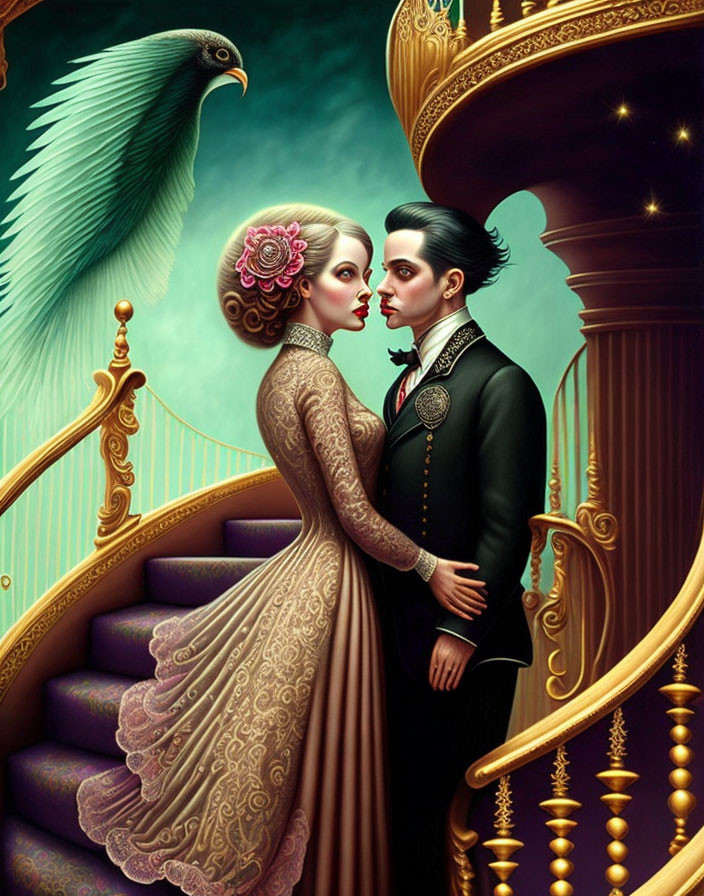 Victorian-era couple in formal attire on stairs with peacock and ornate railing.