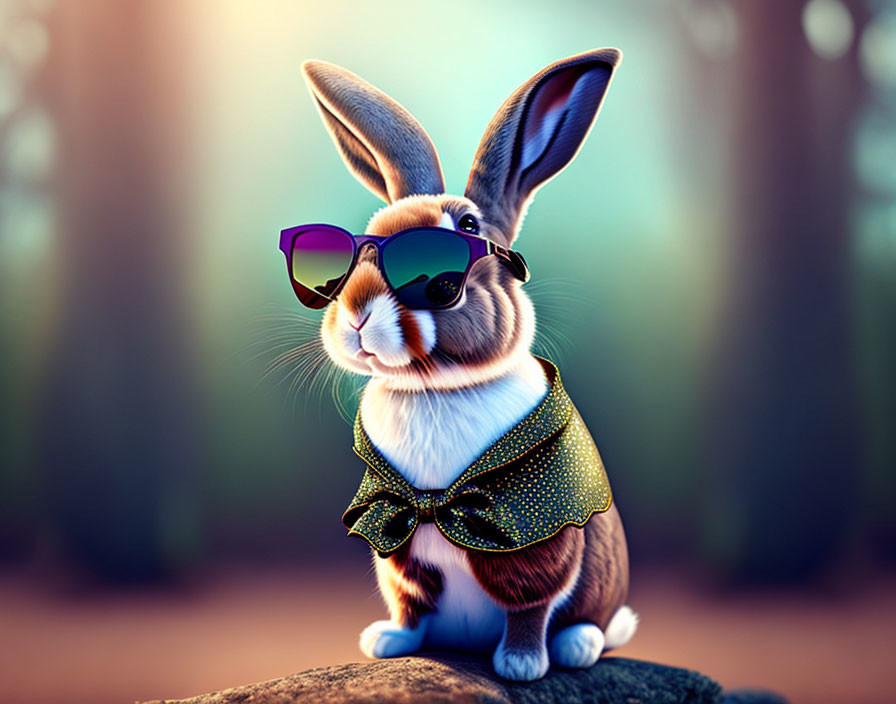 Stylish rabbit with sunglasses and green neckerchief in sunlit forest