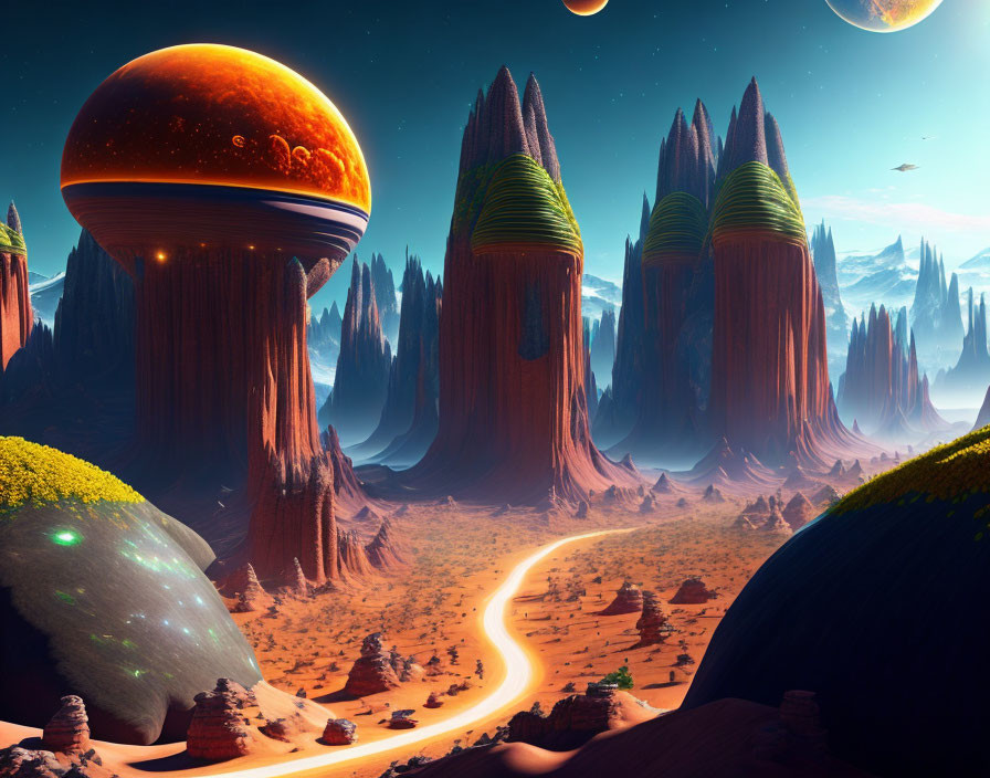 Colorful alien landscape with towering rocks and planet in sky