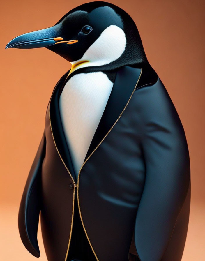 Emperor penguin artwork in tuxedo style on orange background
