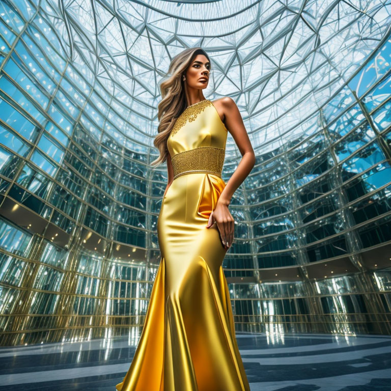 Golden lady posing in a crystal building