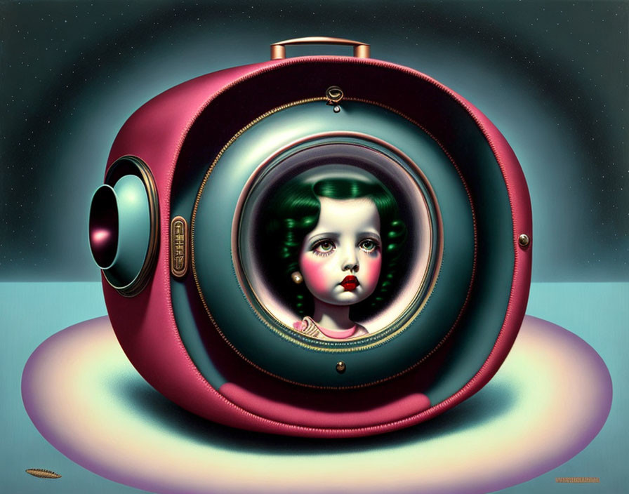 Surreal painting: girl's face in vintage camera structure on starry night.
