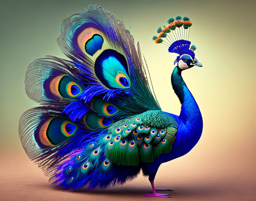 Colorful peacock with expanded tail feathers on gradient background