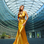 Woman in Gold Gown Poses in Modern Glass Atrium