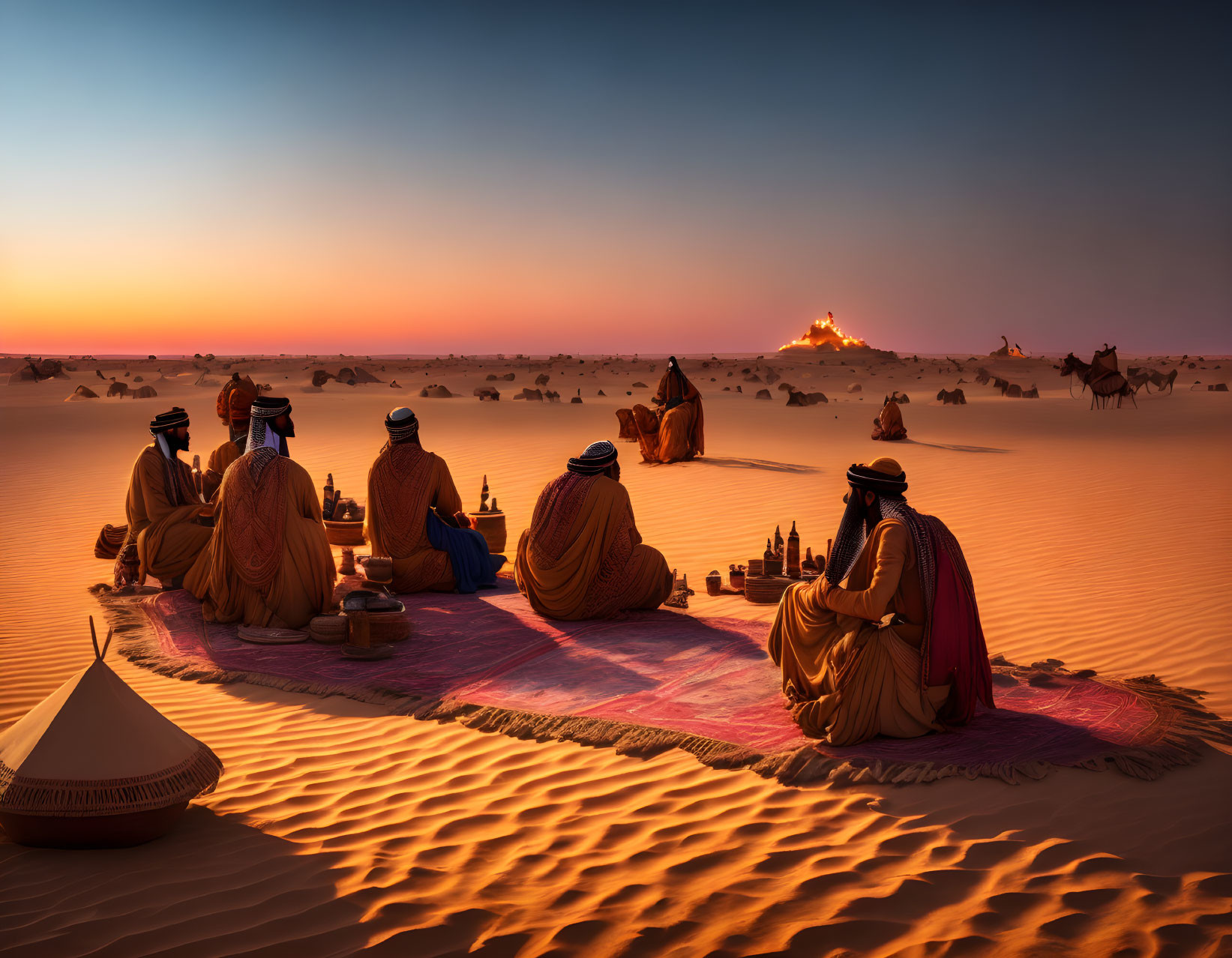 Traditional desert meal at sunset with group in dress, camels, and tent