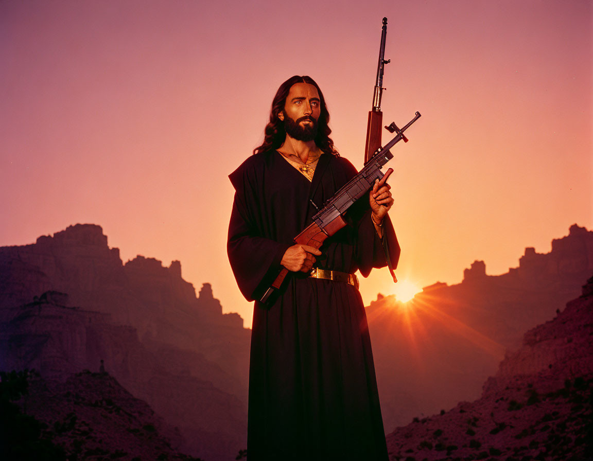 Historical figure in costume with rifle against sunset and mountains