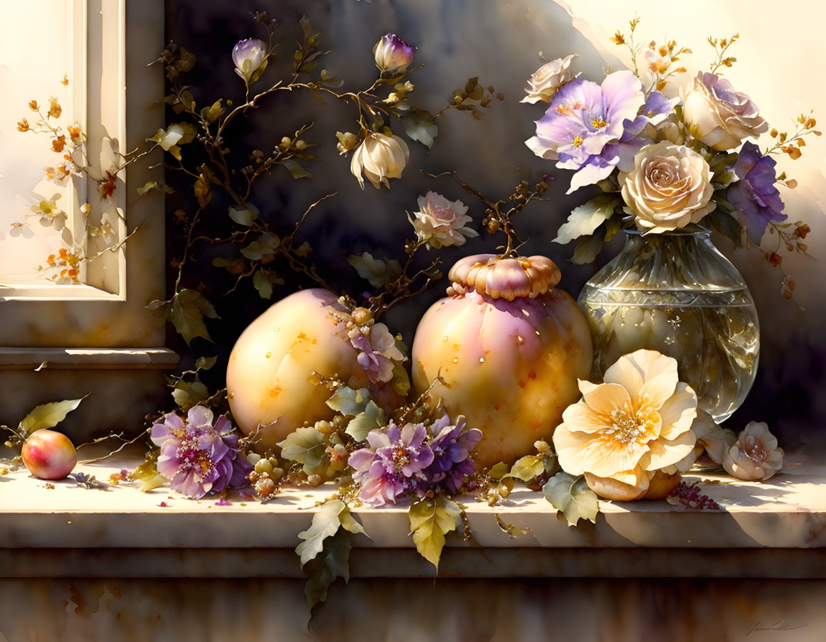 Flowers and Fruits Still Life Painting with Translucent Vase