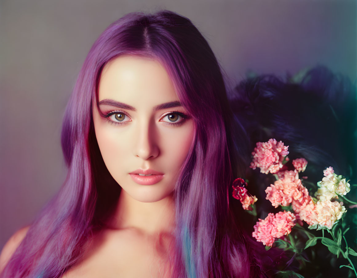 Purple-haired woman with striking eyes holding colorful flowers in soft-focus.
