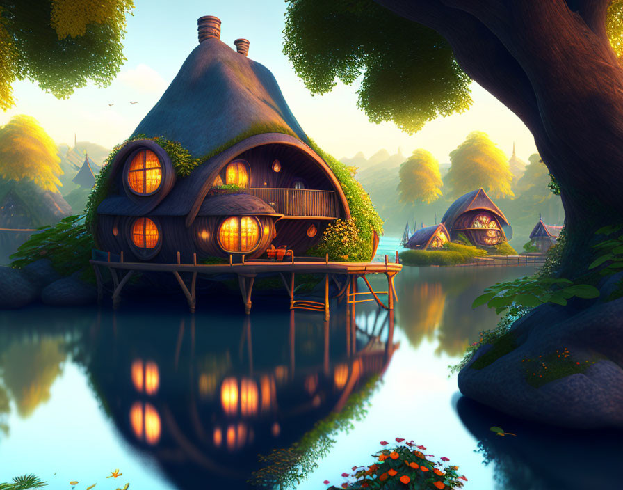 Whimsical mushroom-shaped houses in fantasy village by tranquil waters