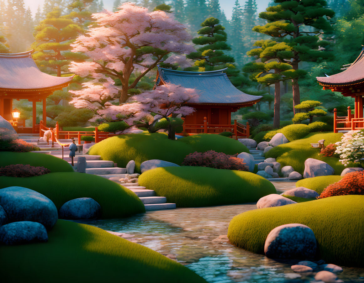 Tranquil Japanese Garden with Cherry Blossoms at Sunset