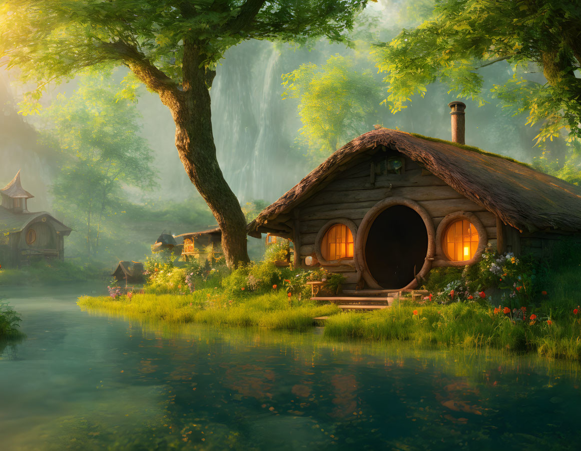 Illustration of round-door cottage in lush greenery with waterfall and sunlight