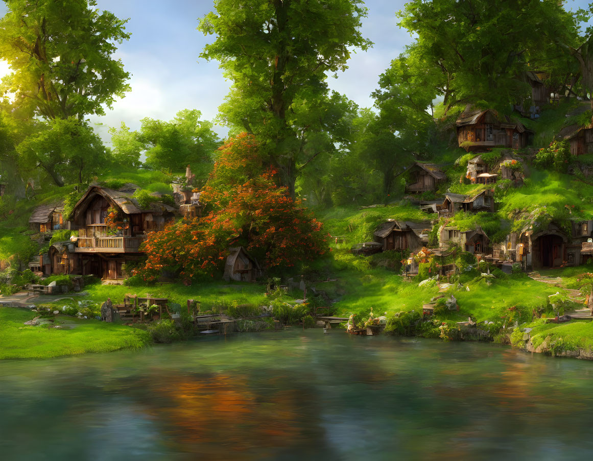 Tranquil riverside village with wooden houses in lush greenery