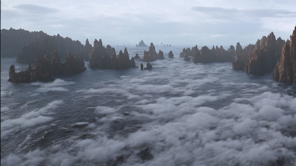Misty Sea Waters and Towering Rock Formations in Panoramic View