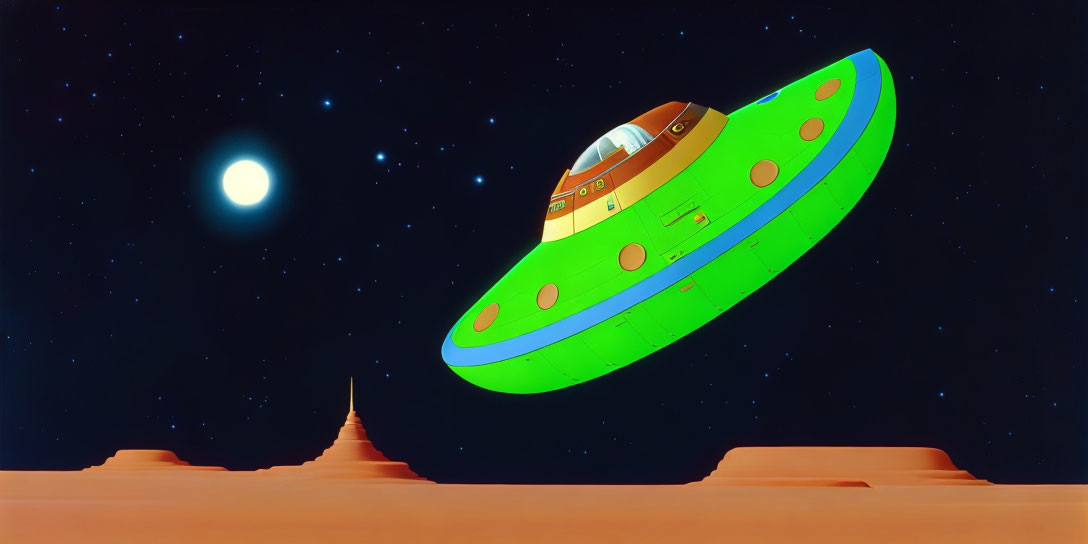 Colorful Cartoon-Style UFO in Desert Landscape at Twilight