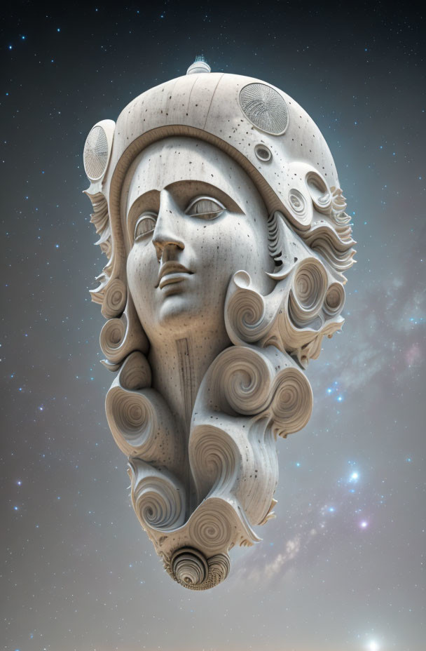 Surreal sculpture blending classical head with architectural and swirling motifs in starry night sky