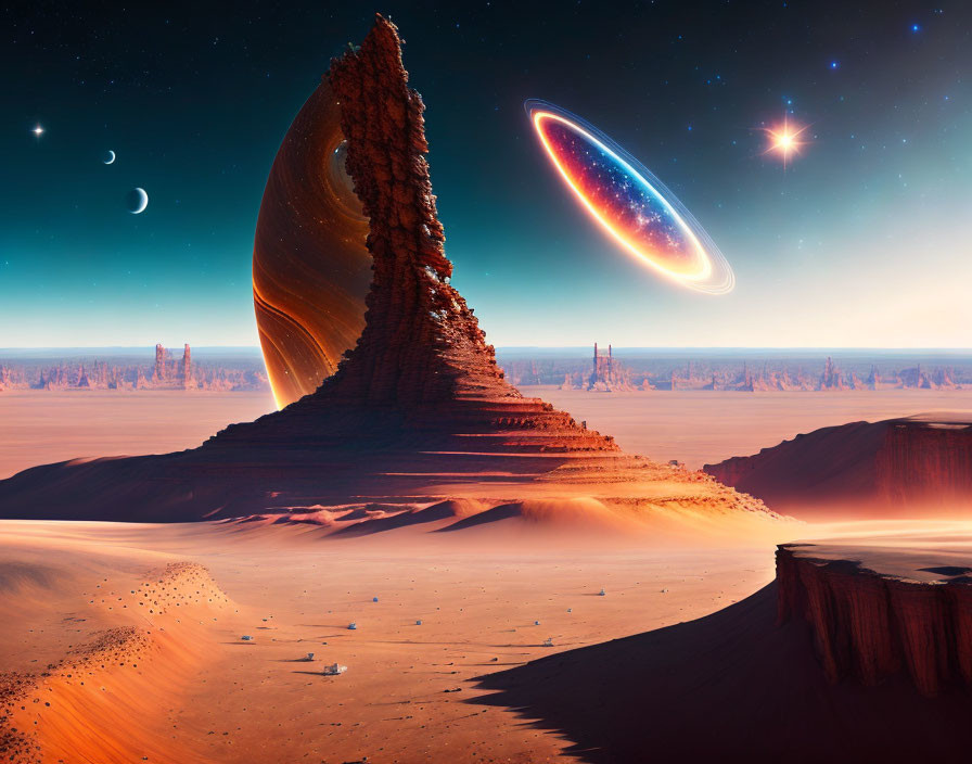 Futuristic desert landscape with rock formation, two moons, and glowing UFO