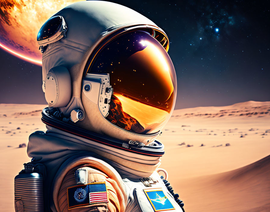 Astronaut with reflective visor on barren alien landscape